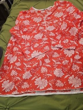 CULTURAL ELEMENTS- Coral Floral Tunic Top with White Print